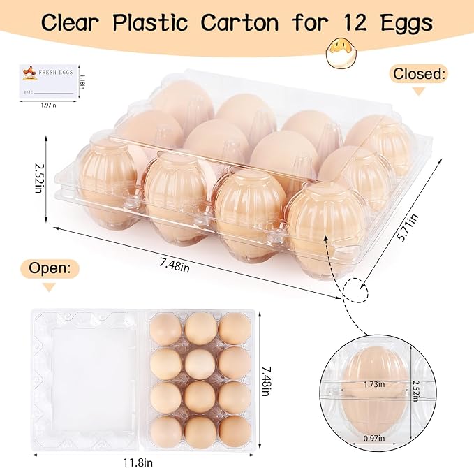 Egg Cartons 80 Pieces, Clear Plastic Reusable Egg Tray Container Holder, 12 Count, Family & Farm Storage, Business Market with Sticker Labels