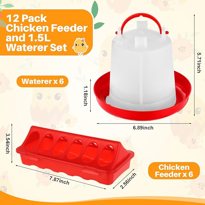12 Pack Chicken Feeder and Waterer Set Bird Small Poultry Feeder Flip Top Bird Small Poultry Feeding for Pigeon Chick Drinker Duckling Quail Feeding Dispenser (1.5 L,Red)
