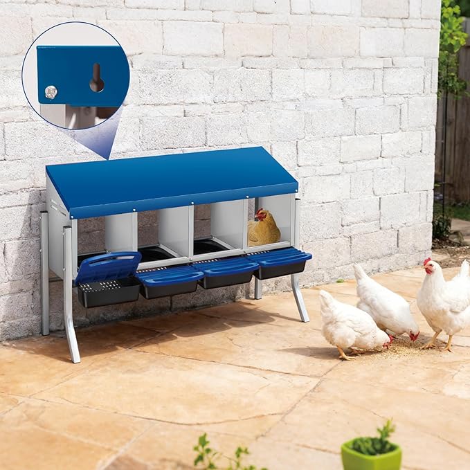 Chicken Nesting Boxes with Rollout Egg Collection – 4-Compartment Metal Hen Nest Box with Removable Trays, Slanted Roof & Ventilation, Wall Mount or Standing for Backyard Poultry Coop, Blue