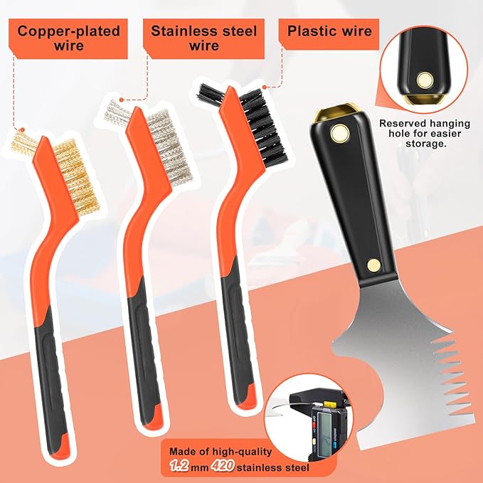 5 Pieces Multi-function Paint Roller Cleaner Tool 2 Pcs Paint Scrapers Brush Comb 3 Pcs Stainless Steel Brass Plastic Bristle Brushes for Cleaning Rust Corrosion Dirt