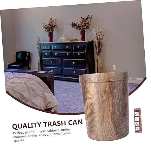 VICASKY Retro Trash Can Ornament Container Metal Storage Baskets Lip Gloss Containers Small Trash Can Rubbish Bin Wood Grain Wastebasket Garbage Bin Living Room Garbage Brown