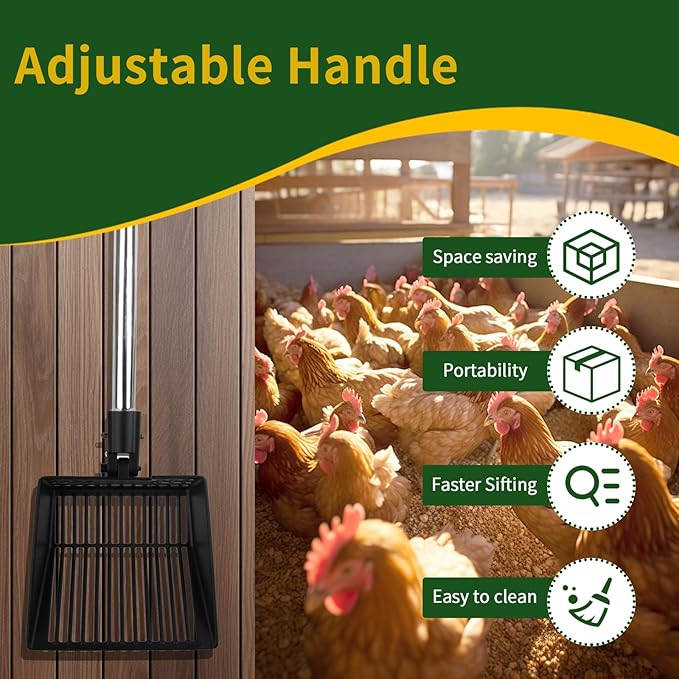 Owfeel Chicken Poop Scooper, 20 to 40.6" Long Chicken Coop Cleaning Tools with Stainless Steel Handle, 3 in 1 Multifunctional Stretchable Heavy-Duty Litter Sifting Shovel Chicken Coop Accessories