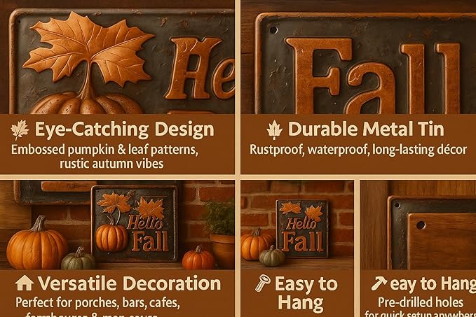 "Hello Autumn" Vintage Metal Tin Sign - Pumpkin & Fall Leaves Design, Perfect for Garage, Porch, Cafe, Bar, For Man Cave, Farmhouse & Yard Decor, 12x8 Inches