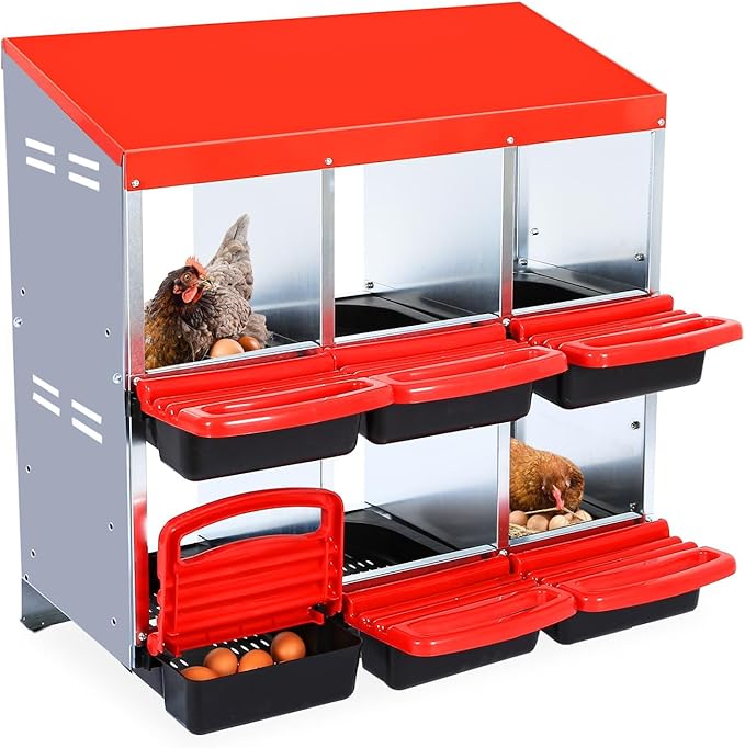 6-Grid Heavy Duty Roll-Away Chicken Nesting Box – Metal Hen Egg Collection System with Lid Cover, Swing Perch, Cleanable, Wall Mount for Coops, Red (No Bracket)
