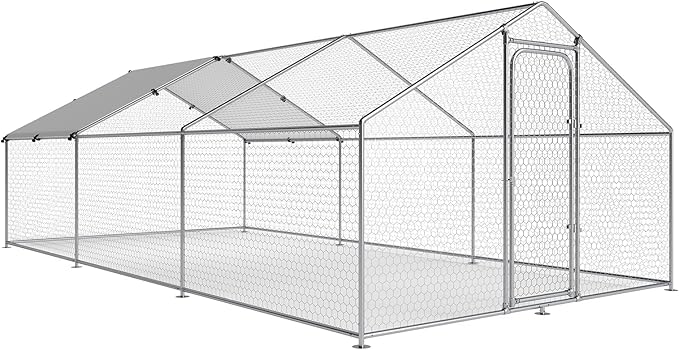 Large Metal Chicken Coop with Weatherproof Cover and Multi-Purpose Chicken Run for Chickens, Ducks, Rabbits, Farm and Yard Animal Pen (10’ W x 19.7’ L x 6.4’ H, Spire Roof)