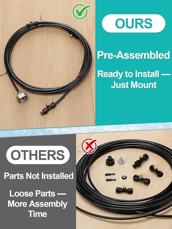 Pre-Assembled Chicken Coop Misting System for Cooling - Leak-Resistant Mist Hose Kit for Summer Poultry Heat Relief, Included 16.4ft Line, 3/4" Adapter, 4 Brass Nozzles, Filter Gasket Accessories