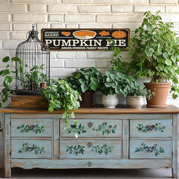 Rustic Fresh Baked Pumpkin Pie Metal Sign - Autumn Wall Decorative Sign - Pumpkin, Maple Leaf Design 16x4 Inch, Vintage Style Sign for Kitchen, Baking Room, Farmhouse Decor, Thanksgiving Day Decor