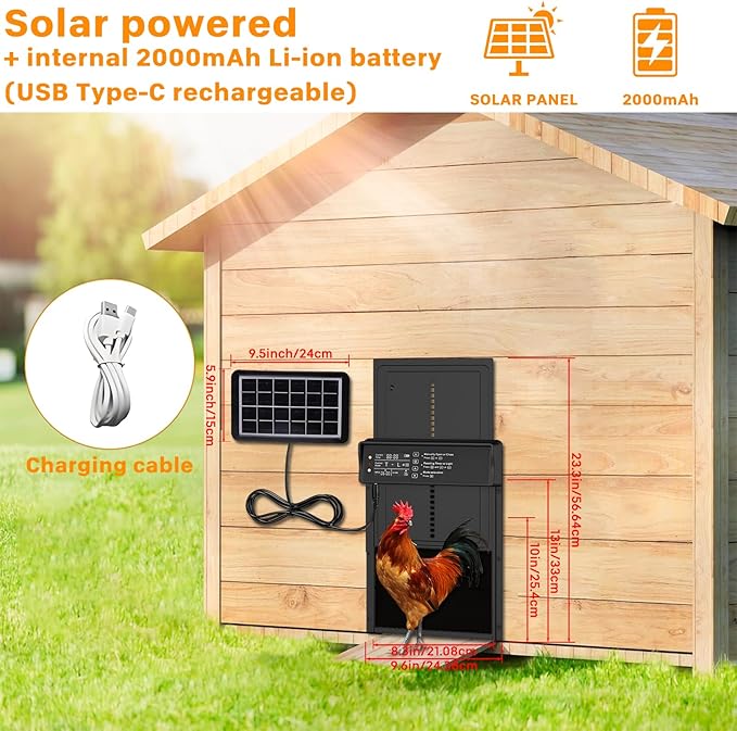 Solar Powered Automatic Chicken Coop Door,Solar Chicken Coop Door with Remote Control, LCD Display Automatic Chicken Door Function with Timer, Light Sensor, Anti-Pinch,Made of Aluminum Alloy and ABS