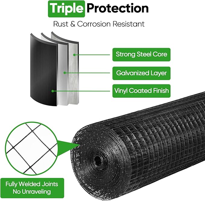 Black Hardware Cloth 48in x 50ft – 19 Gauge Vinyl Coated Steel Wire Mesh Roll, 1" Square Welded Fence for Chicken Coop, Garden Barrier, Animal Control, Outdoor Pet Enclosure, Rodent Proofing