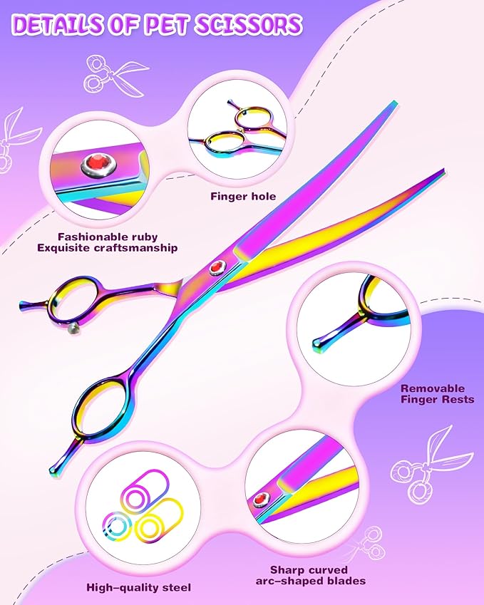 7.3" Dog Grooming Scissor - Professional Down-curved Shear with Ergonomic Handle Stainless Steel Hair Shears for Dogs, Cats and Other Pets - Pet Hair Trimming Scissor(Curved, Iridescent)