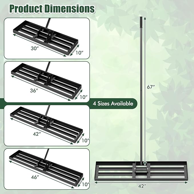 Happygrill Lawn Leveling Rake, Heavy Duty Lawn Level Tool for Soil w/67” Handle, Dirt Ground Leveler, Effort-Saving Landscape Rake for Garden, Backyard, Golf Course, Farm, Pasture (42" x 10", Black)