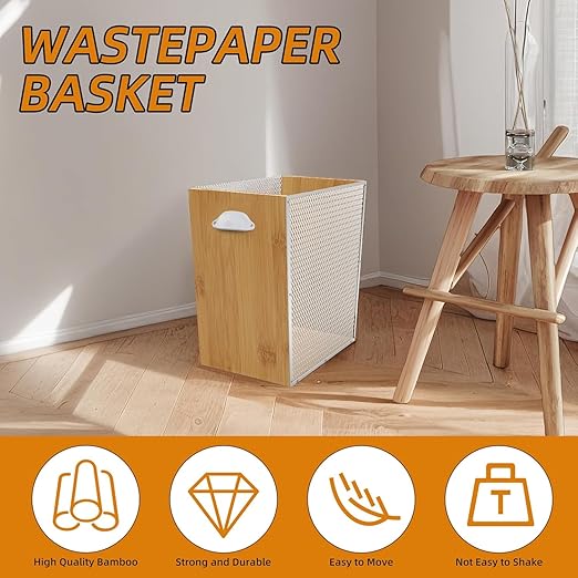 3 Gallon Bamboo-Wooden Trash Can - Rustic Office Waste Paper Basket - Decorative Garbage Bin for Bedroom, Bathroom, Kitchen, Living Room