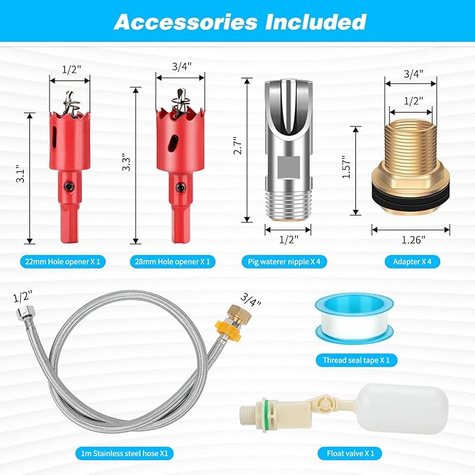 Automatic Pig Waterer Nipple System, Stainless Steel Pig Waterer with Brass Water Tank Connector Kit, Hog Water Drinker Feeder with Float Valve and Garden Hose for Pig Goats Piglets