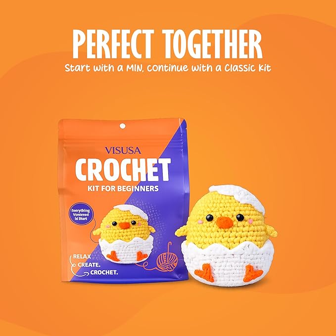 Visusa Crochet Kit for Beginners – Learn to Crochet Animal Kit– Yellow Chick Amigurumi Set- Easy DIY Crochet & Knitting Starter Set with Video and PDF Tutorials- Perfect Crochet Gifts for Starters.