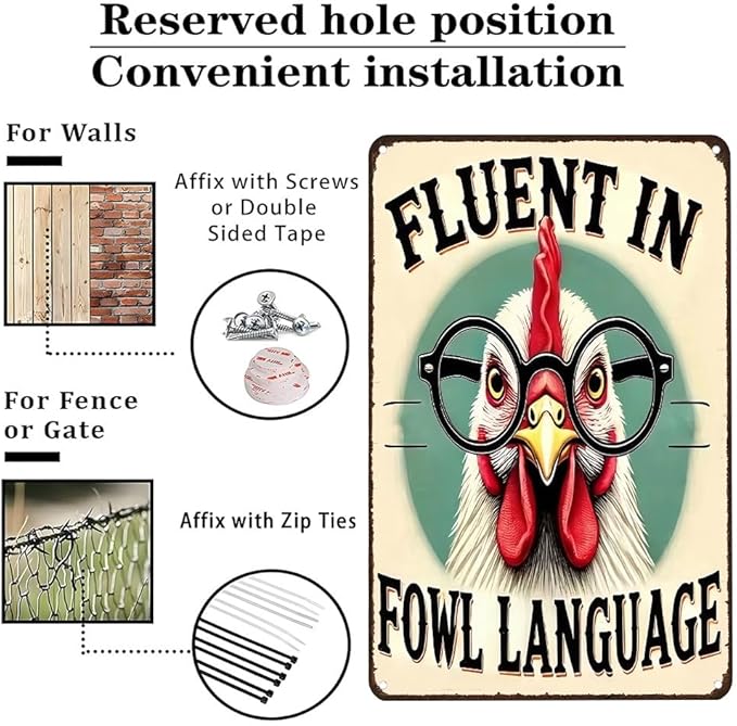 Funnysign Chicken Gifts Vintage Chicken Fluent In Fowl Languages Tin Sign for Chicken Coop Farm Kitchen Garden Yard Decor 8x12 inch(3917)