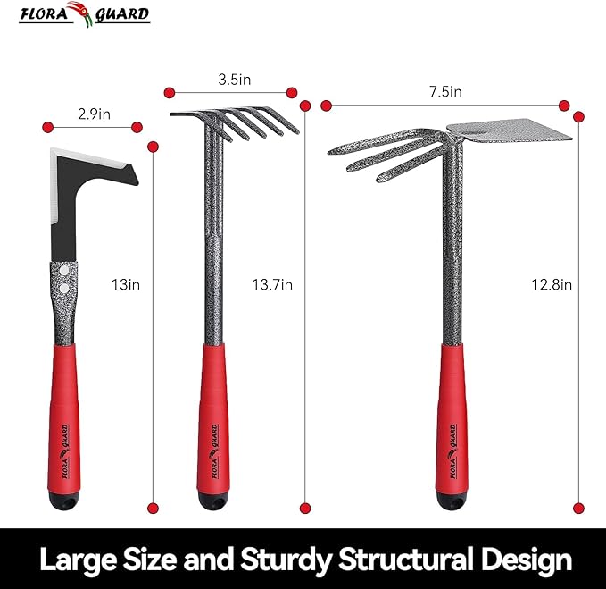 FLORA GUARD 6-Piece Garden Tool Set, Heavy Duty Gardening Hand Tools,Includes Trowel, Rake, 2-in-1 Hoe & Crack Weeder, Durable Yard Gardening Tools, Ideal Gardening Gift for Men & Women