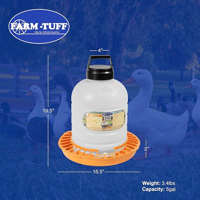FARM-TUFF Top-Fill Duck Waterer, 5 Gallon – Durable BPA-Free Plastic Poultry Waterer with Wide Base & Splash-Reducing Design