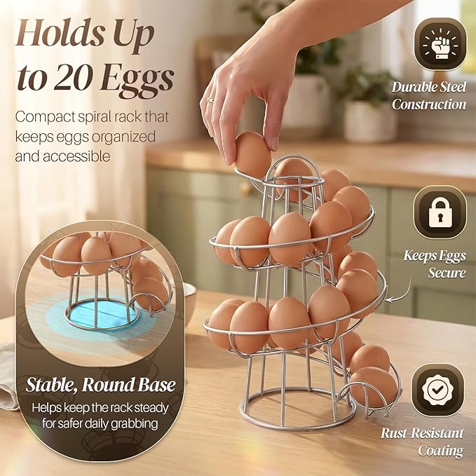 Flexzion Egg Skelter Modern Spiral Egg Holder Countertop (Medium Egg Display) - Freestanding Wired Countertop Egg Holder for Fresh Eggs, Dispenser Stand, Storage Rack for Kitchen, Silver