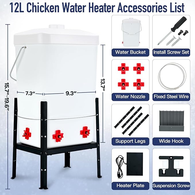 Heated Chicken Waterer, Thermostatic Water Heater 3 Gallon, 4 Horizontal Nipples, 5FT Power Cord, Detachable Legs, Outdoor Winter-Proof Poultry Water Heater for Chickens, Ducks, Geese