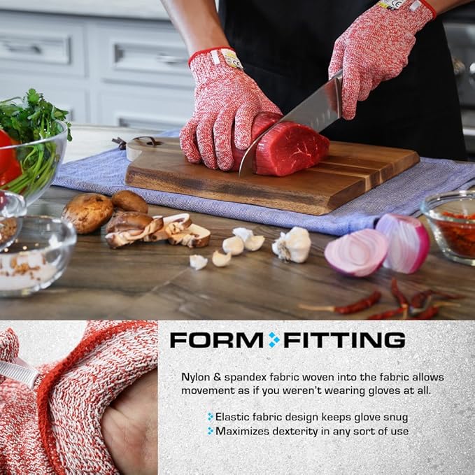 Glove Station Ultra Durable Series Cut Resistant Gloves - Cutting Gloves for Chefs, BBQ and Cooking - Level 5 Protection, Food Grade Safe Cut - Red, Large Size [2-Pack]