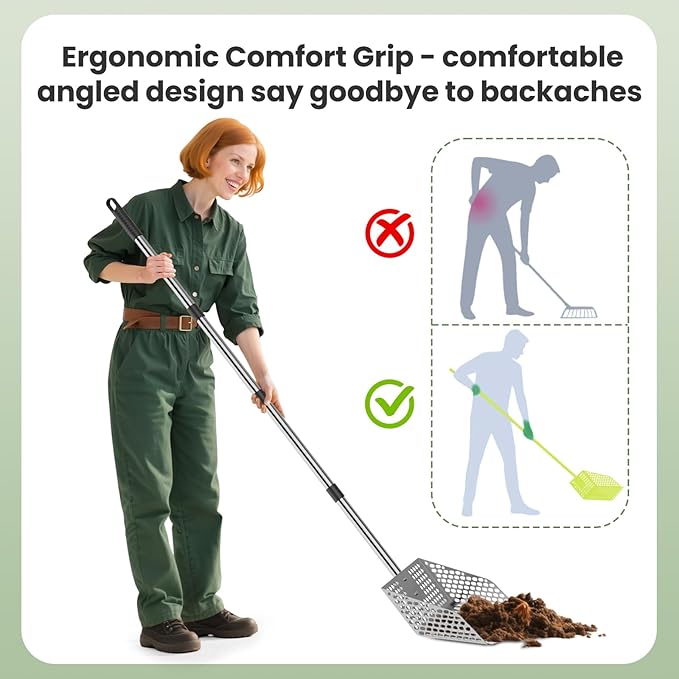 Stainless Steel Chicken Poop Scooper & Rake - Heavy-Duty 2-in-1 Sand Sifter Shovel with Long Handle Adjustable Length for Coops & Small Farms