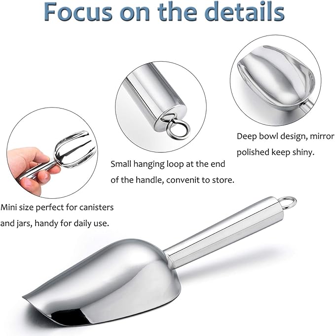 Mini Ice Scoop Set of 6, E-far 3 Ounce Stainless Steel Kitchen Scoops, Ideal for Candy/Ice Cube/Flour/Sugar/Coffee Bean/Protein Powder, Food Grade & Anti Rust, Easy Clean & Dishwasher Safe