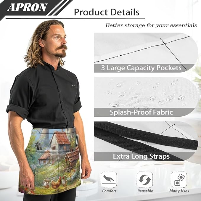 Waistress Apron with Pockets Coffee Waiter Apron Long String Chef Half Aprons for Cooking Kitchen Hairdresser