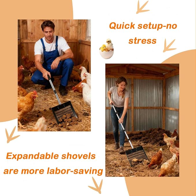 Adjustable Chicken Poop Scooper, 4-in-1 Sifting Litter Shovel for Chicken Coop, Adjustable Stainless Steel Handle Metal Chicken Poop Scooper Goat Stall, and Stable Cleaning (24 to 70 Inches)