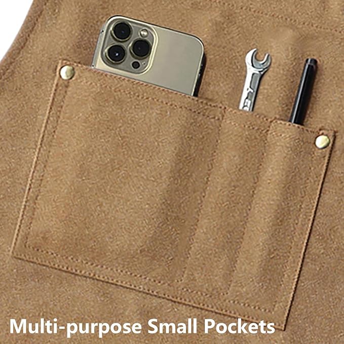 AFUN Work Aprons for Men with Large Pockets, Cotton Canvas Cross Back Heavy Duty Adjustable Tool Apron, Size M to XXL (Brown)