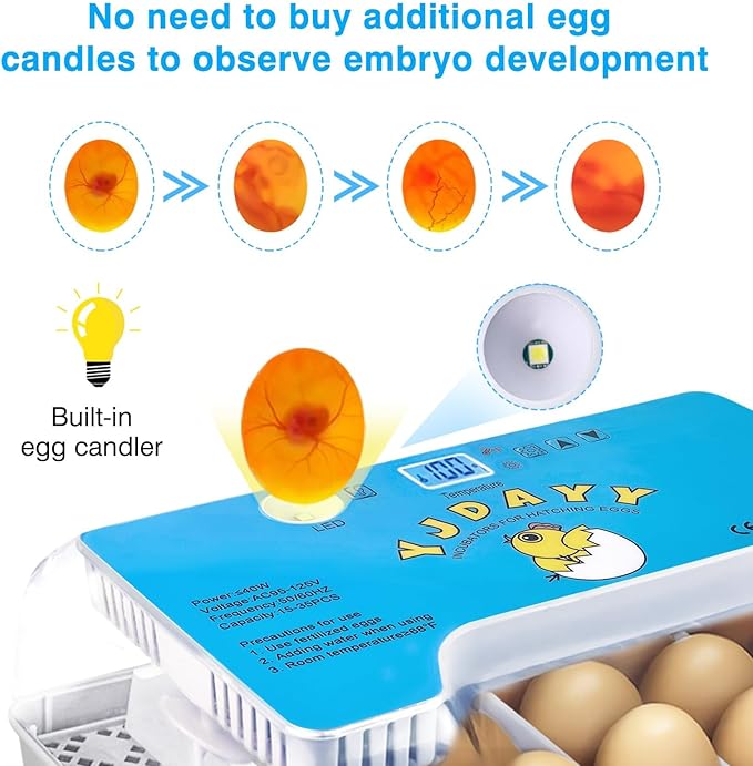 Incubators for Hatching Eggs 15-35 Eggs Incubator with Automatic Egg Turning and ℉Temperature Display LED Candler Poultry Incubator for Hatching Chicken Duck and Quail Incubator (Blue)