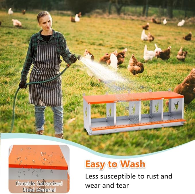 Heavy-Duty Wall-Mounted Metal Nesting Box for Chickens and Ducks – Ventilated Galvanized Steel Coop Accessory with Easy Egg Harvest (4-Orange)