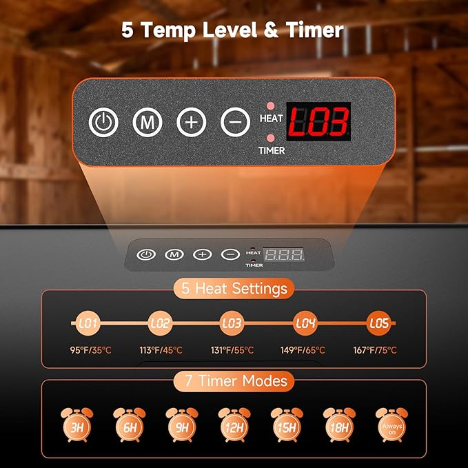Chicken Coop Heater, 12 * 16inch Large Brooder Heater Plate for Chicks, Adjustable Height Brooder Warmer for 30-40 Baby Chicks, 5 Level Temp Adjustable Heating Plate, 75 Watt, Energy-Efficient & Safe
