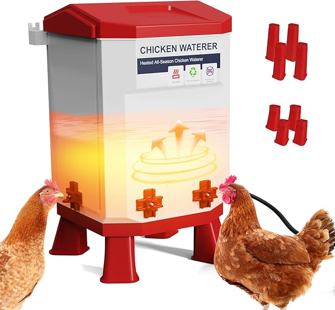 Heated Chicken Waterer, Thermostatically Controlled Poultry Water Heater for Winter, 4 Horizontal Nipples and 8 Support Legs, Anti-Freezing Watering System for Coop Accessories (Red, 3.2Gallon)