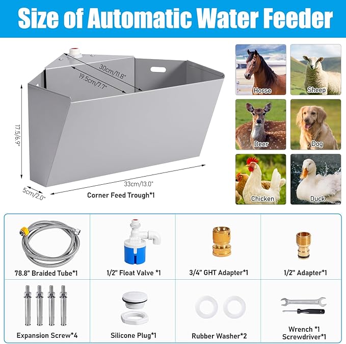 1.6Gal Automatic Livestock Waterer with Float Valve, Self-Filling Drinking Trough Corner Wall Mount, Stainless Steel Dog Water Feeder for Horse Goat Cattle Pets