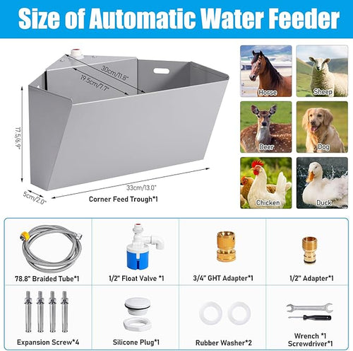 1.6Gal Automatic Livestock Waterer with Float Valve, Self-Filling Drinking Trough Corner Wall Mount, Stainless Steel Dog Water Feeder for Horse Goat Cattle Pets