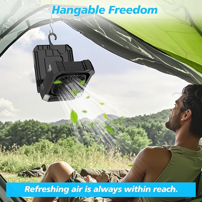 Camping Fan Battery Powered & Solar Powered, Portable Solar Fan 10000mAh Rechargeable Outdoor Fans with Light, Quiet Cordless Fans for Tent, RV, Emergency, Hiking, Power Outage, Desk, Survival Kit