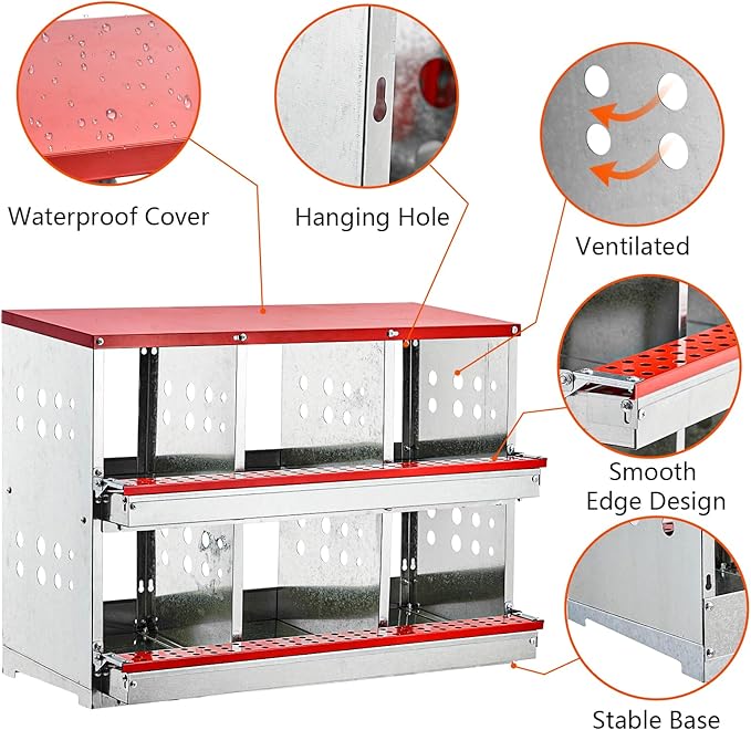 Garvee Nesting Boxes for Chickens, 6 Compartment Roll Out Away Chicken Nesting Boxes for Laying Eggs, Nesting Gift Boxes for Hens Duck Poultry, Metal Heavy Duty Chicken Coop with Perch