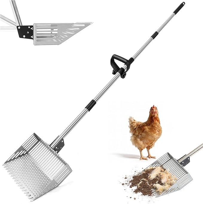 Adjustable Chicken Poop Scooper, 24-70" 4-in-1 Sifting Rake & Shovel, Stainless Steel Cleaner for Chicken Coop, Goat Stall, Rabbit Hutch, Pet Waste Small