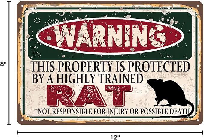 Vintage Rat Metal Sign， Warning this property is protected bY a highly trained Rat Sign Funny Tin Signs 12x8 Inch