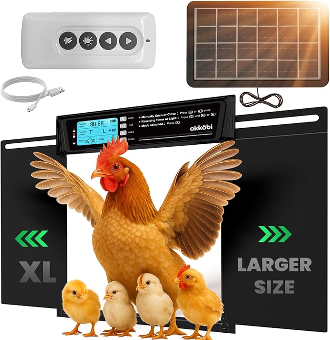 Extra Large Automatic Chicken Coop Door Solar Powered with Remote - LCD Display, Light Sensor, Timer & Anti-Pinch Function – 11.3" x 8.7" Door Opening – 5-Year Protection – Black – by Okköbi