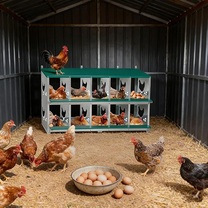 Garvee Large Metal Chicken Nesting Boxes for Hens, 10 Compartment Galvanized Steel Nesting Box, Includes 4 Fake Eggs & 10 Soft Nest Pads, Wall Mount or Freestanding for Coop & Farm