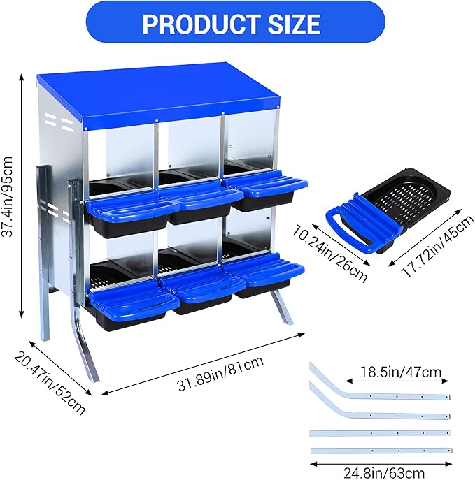 Chicken Nesting Box 6-Hole Roll Away Egg Laying Box with Lid & Stand, Galvanized Steel Rustproof Poultry Coop Box, Wall Mountable No Bracket Needed for Hens, Blue