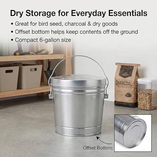 Galvanized Steel Locking Lid Trash Can - 6-Gallon Rodent-Proof Outdoor Storage Bin with Weather-Resistant Lid, Pet Food, Bird Seed, Charcoal Storage, Heavy Duty Metal Can