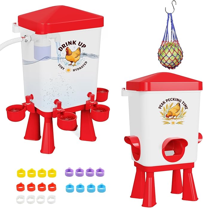 3 Gallon Chicken Feeder and Waterer Set, Large Chick Water with Automatic Float Valve, No Waste Poultry Feeding and Watering System, 4 Cups & 3 Ports, Chicken Coop Accessories for Pigeons/Quail (Red)