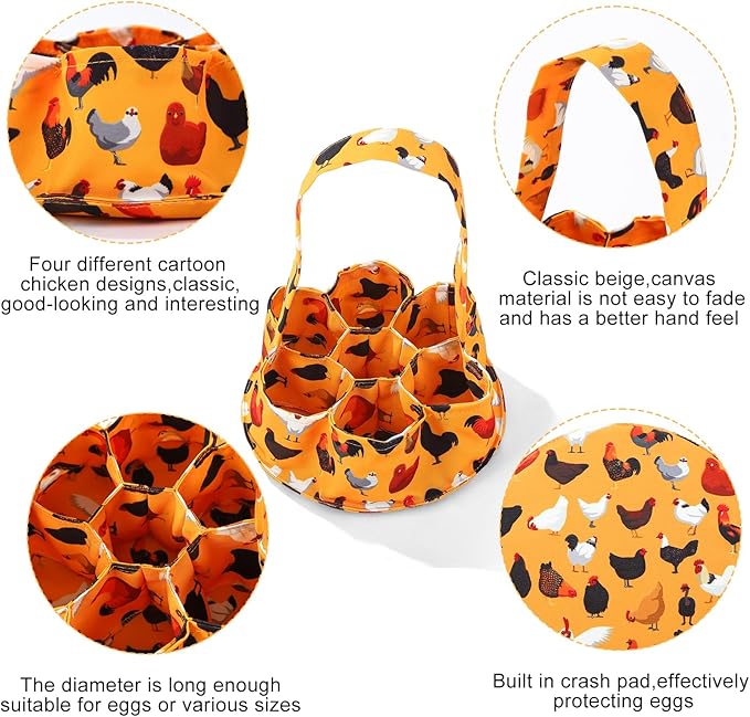 Egg Collecting Basket, Canvas Egg Basket for Gathering with 7 Pouches for Chicken, Duck, Goose, Bird, Various Poultry Collection (Black chicken)