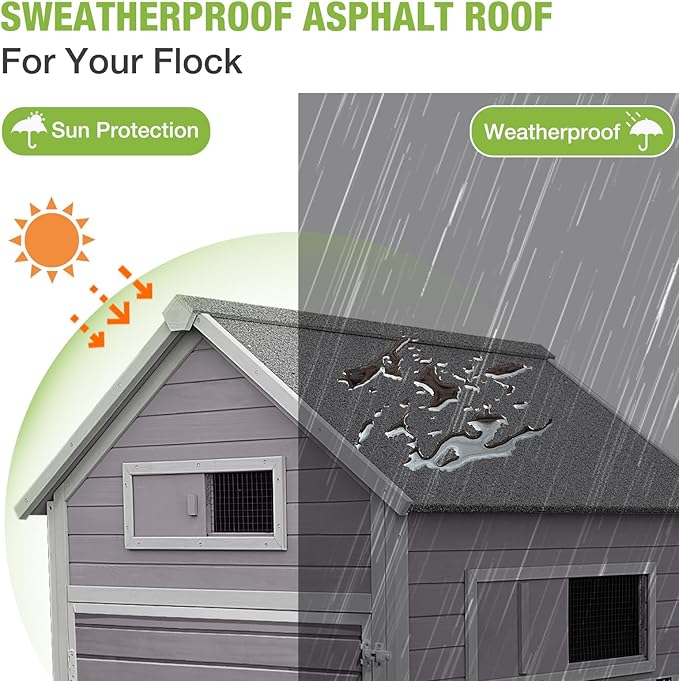 Large Chicken Coop Outdoor Waterproof Chicken Run with Asphalt Roof, Wooden Poultry Enclosure with Easy-Clean Slide-Out Tray for 8-10 Chickens Poultry Cage with Nesting Boxes for Duck Rabbit