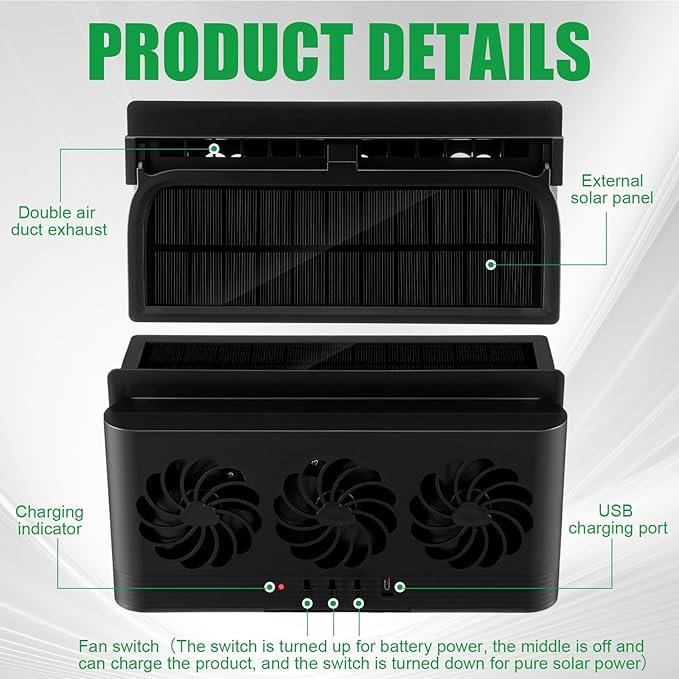 2 Pack Solar Powered Car Exhaust Fan 3 Fans Car Window Air Vent Radiator Solar Energy Cooling Vent Exhaust for General Types(Solar & Battery & USB 3 Fans,Black)