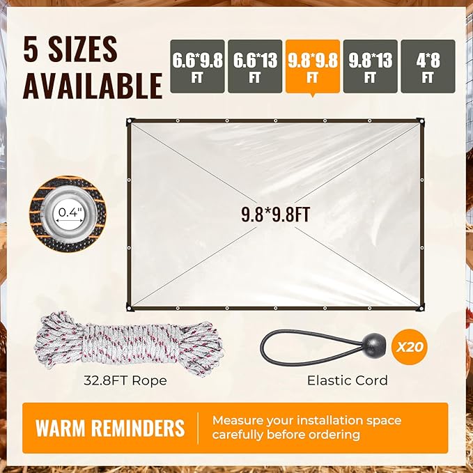 9.8x9.8 Ft Chicken Coop Cover for Winter - Waterproof Chicken Coop Tarp with Elastic Cords & Rope, Durable Protection for Large Chicken Runs