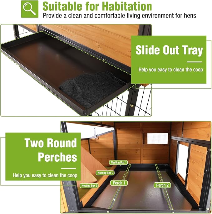 GUTINNEEN Mobile Chicken Coop Upgraded with All Arounded Metal Frame Expandable Hen House with Super Large Wheels for 4–6 Chickens, 3 Nesting Boxes, Metal Run, 85" L