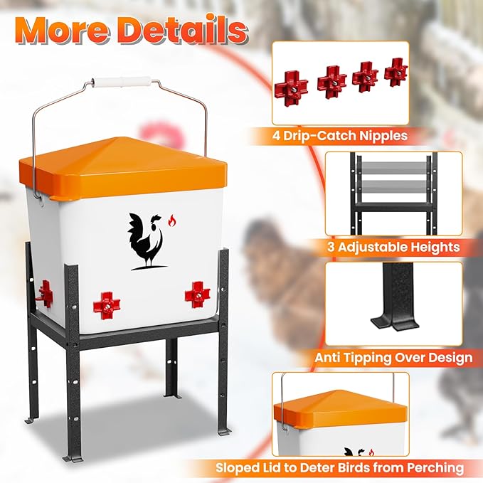Heated Chicken Waterer, Poultry Water Heater for Winter with 4-Nipple, Thermostatically Controlled, 4 Adjustable Heights, Anti-Freezing Watering System for Coop Accessories (Orange, 7L)